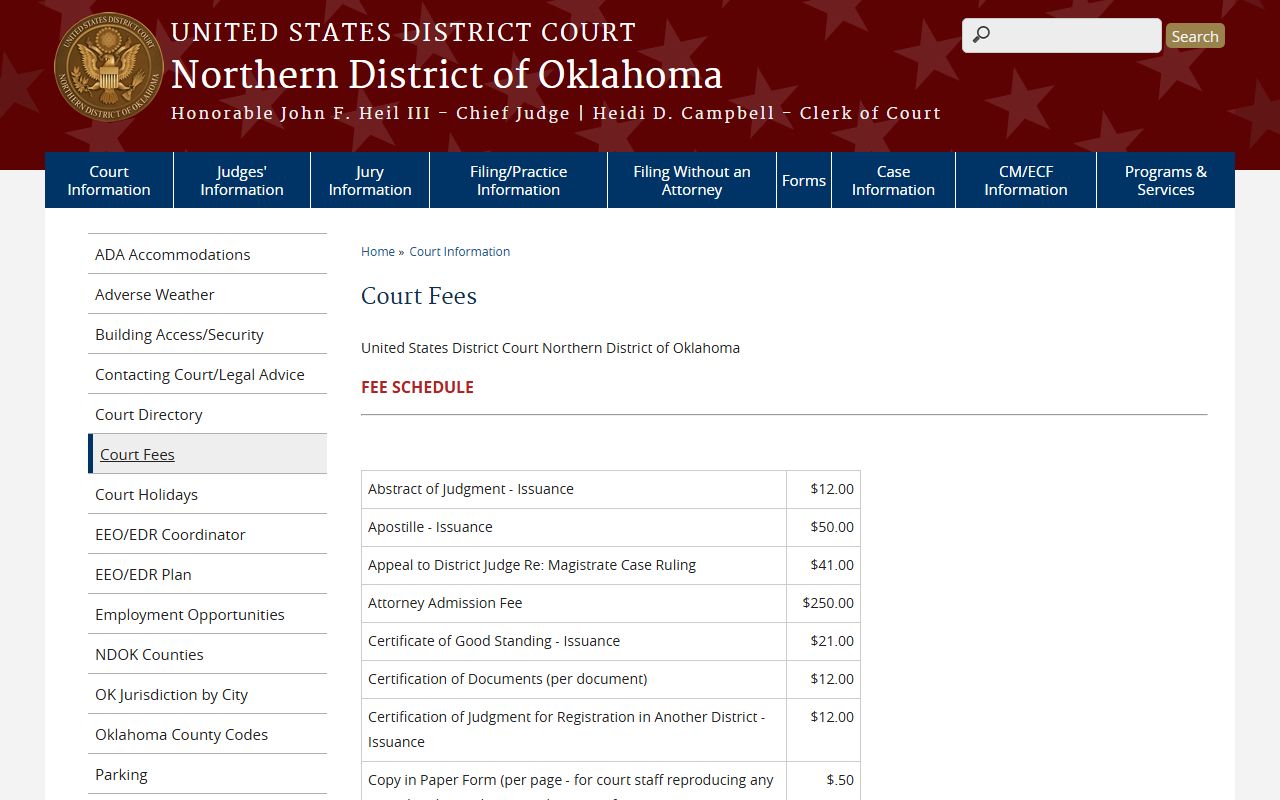Northern District of Oklahoma fee schedule for Craig County federal arrest and charge records