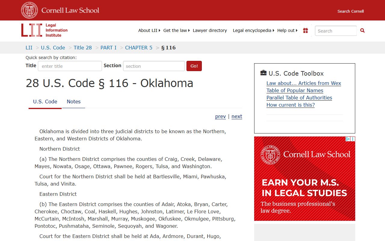 Federal statute placing Craig County arrest and charge cases in the Northern District of Oklahoma