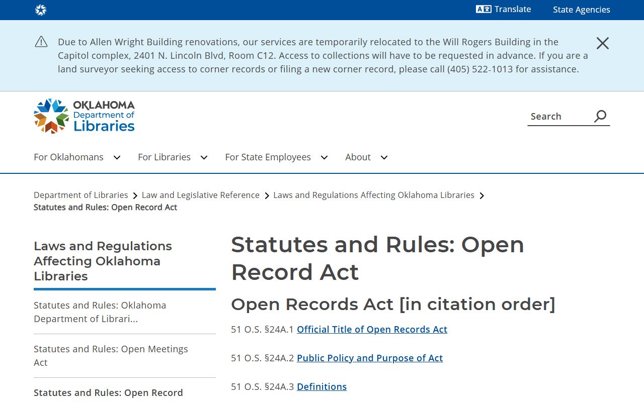 Craig County court records Oklahoma Open Records Act statute list