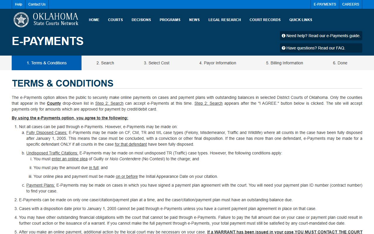 Craig County court records OSCN e-payments terms page