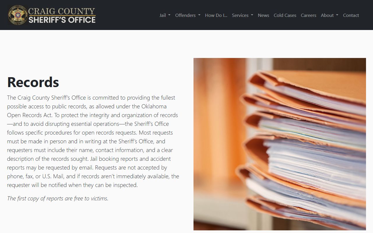 Craig County Sheriff's Office records request policy for jail booking and accident reports