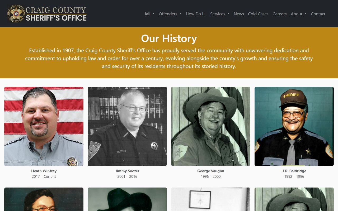 Craig County marriage and divorce records, Sheriff's Office history page listing county sheriffs