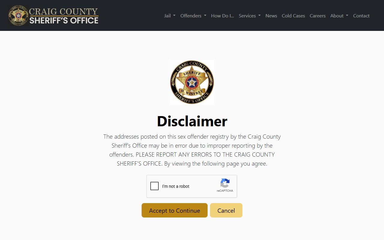 Craig County marriage and divorce records context, Sheriff's Office registry disclaimer page