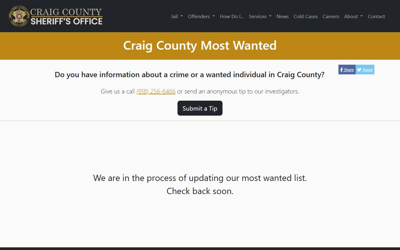 Craig County warrant records on the Sheriff's most wanted page