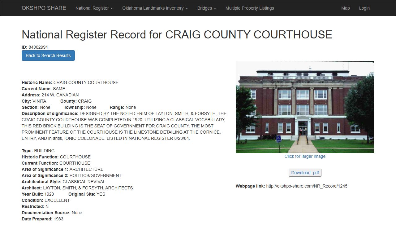 Craig County court records history on the historic courthouse register record