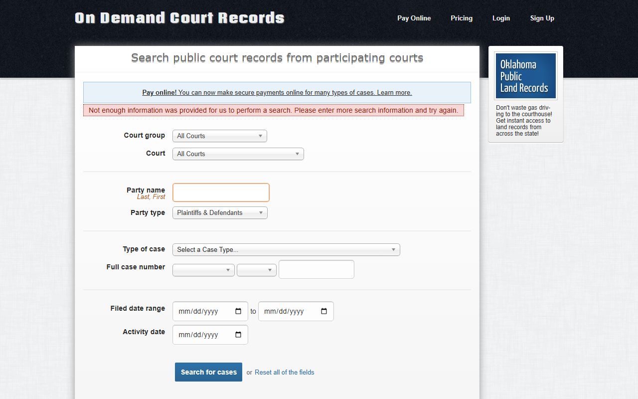 Craig County court records fields on the ODCR advanced search page