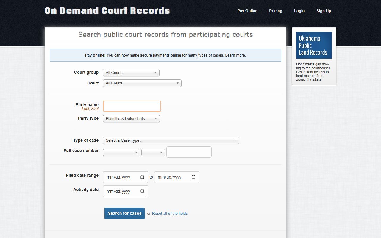 Craig County court records search on the ODCR Oklahoma portal