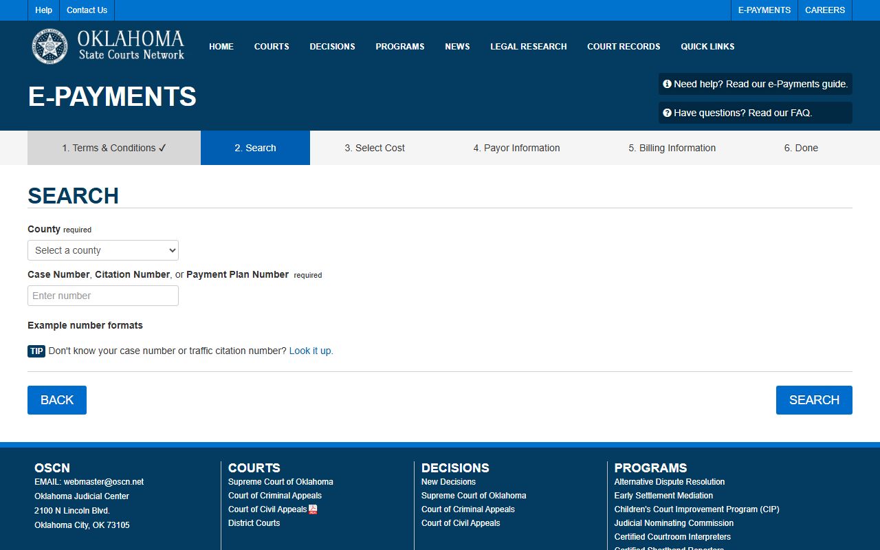 Craig County court records payment on the OSCN e-payment search page