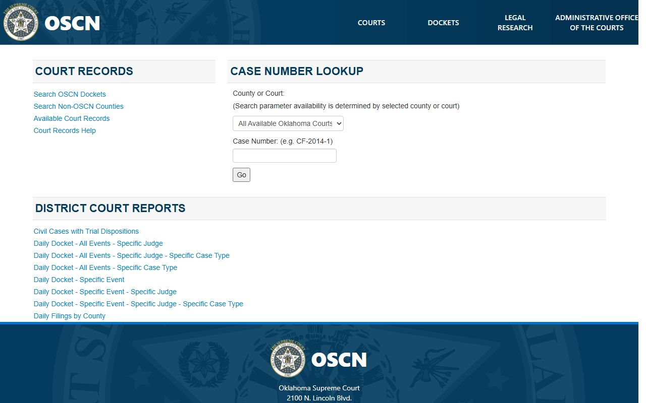 Craig County court records on the OSCN docket search landing page